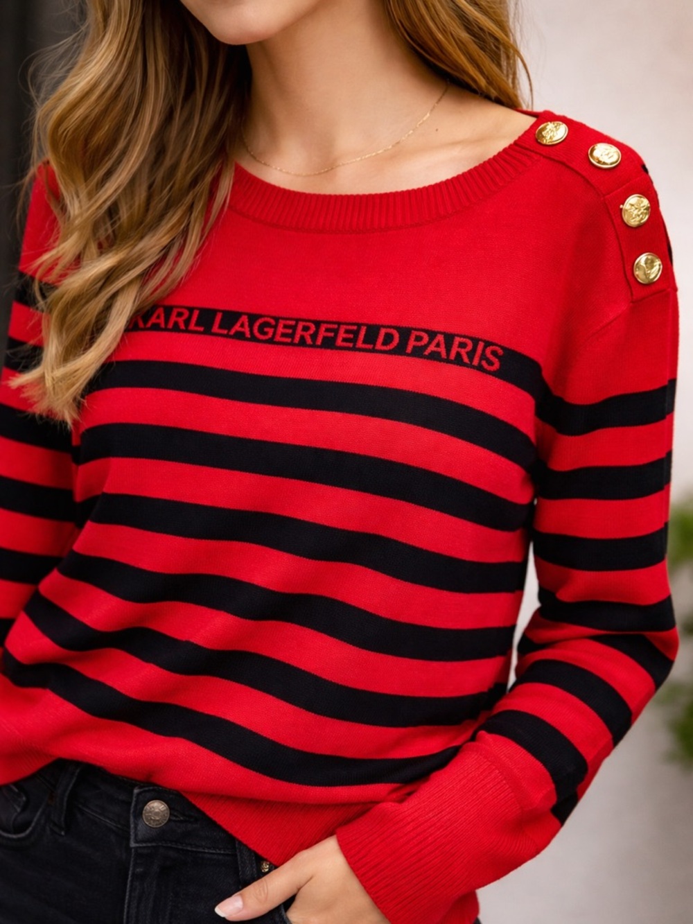 Karl Lagerfeld Paris Sweater Red Black Stripe Logo Gold Buttons Size S NWT